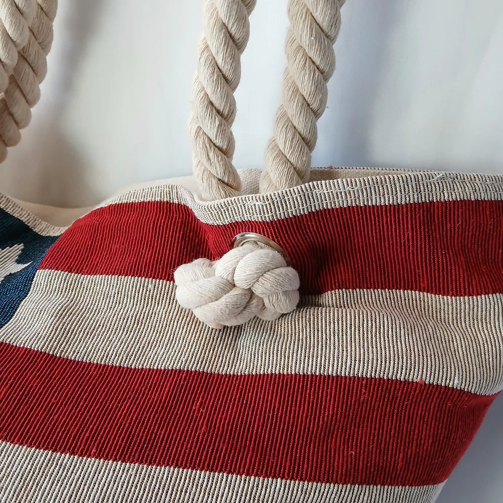 American Flag Design Themed Patriotic Tote Bag with Rope Twist Handles & Zipp